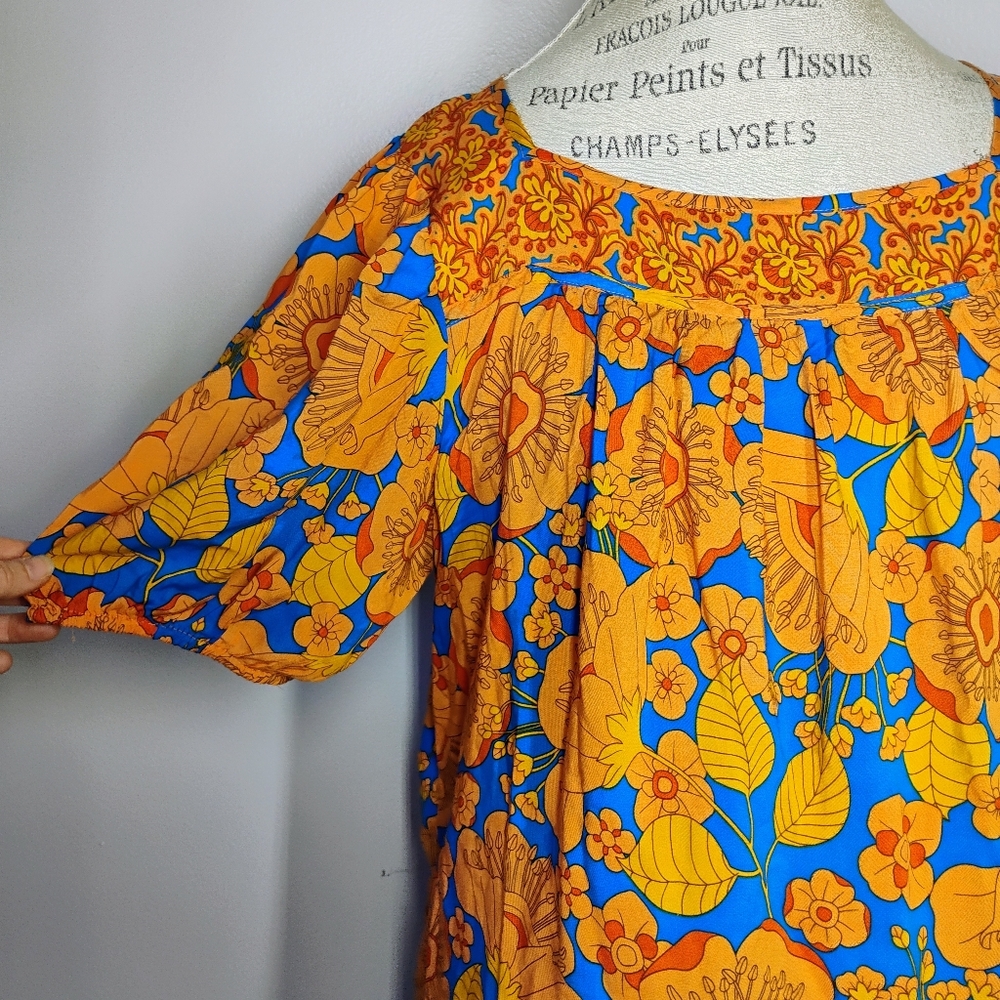 Rose & Olive Floral Top Womens XL Orange‎ Blue Retro Mod Flowy Lightweight - Picture 2 of 9